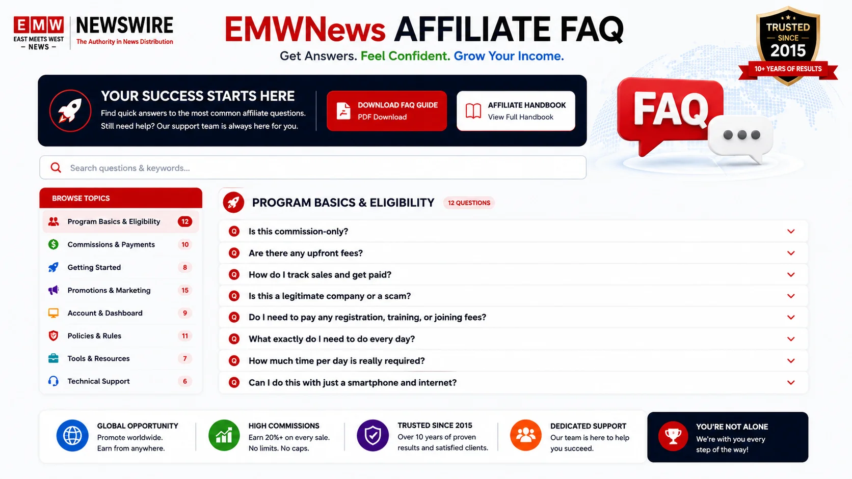EMWNews Affiliate FAQ page: Quick answers to common questions about the affiliate program.