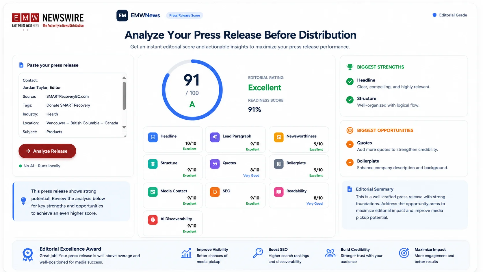 EMWNews AI-powered press release scoring tool, analyzing editorial readiness and content quality.