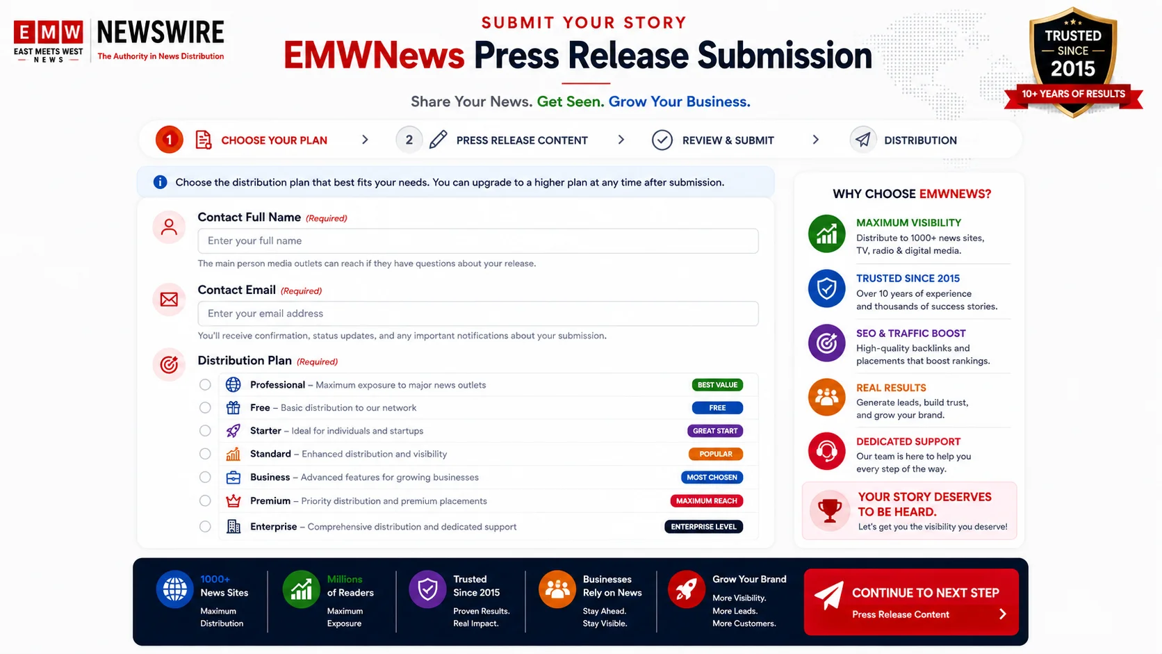 EMWNews online press release submission form, showing the process from account creation to publication.