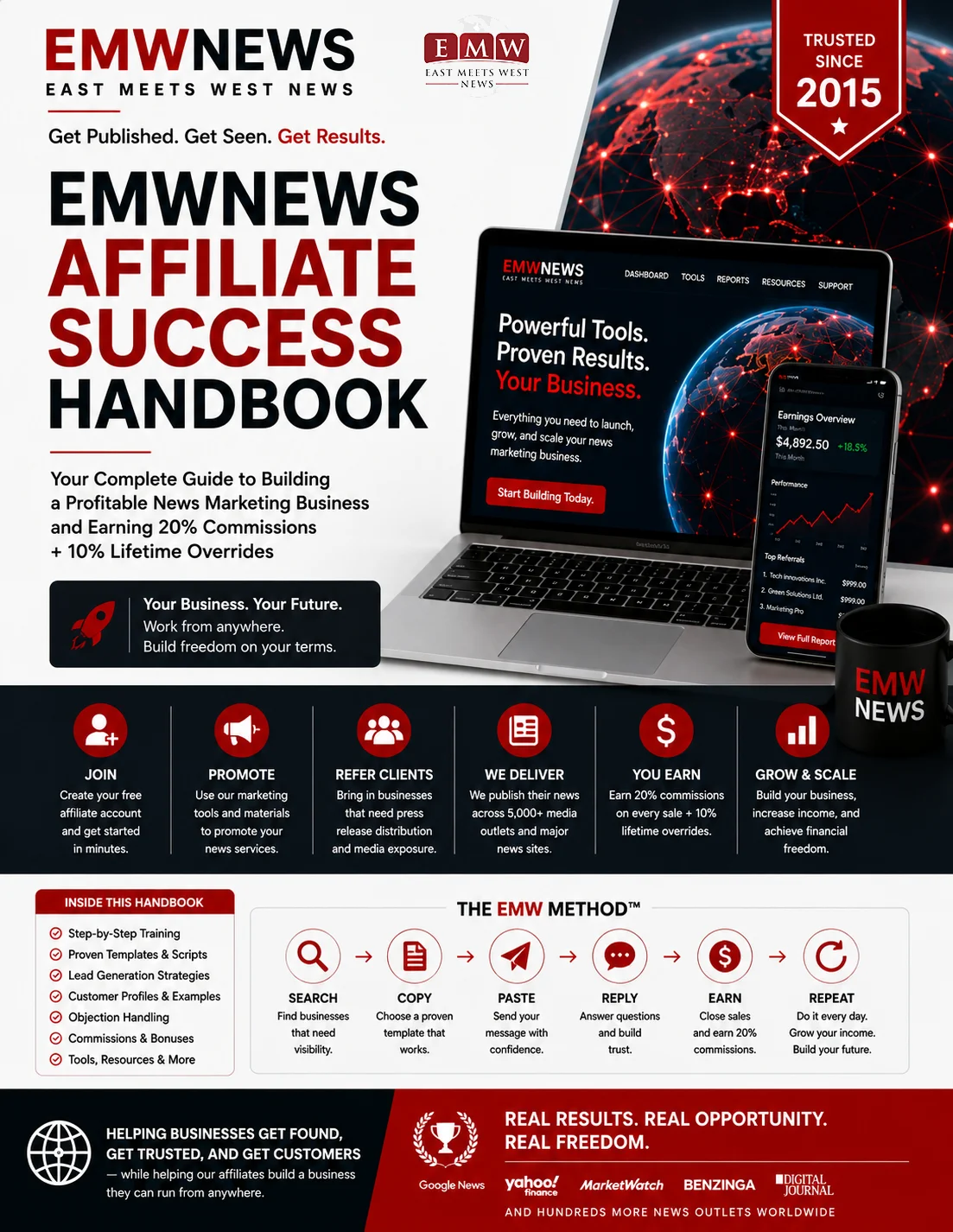 EMWNews Affiliate Success Handbook cover: A premium training guide for building a successful affiliate marketing business.