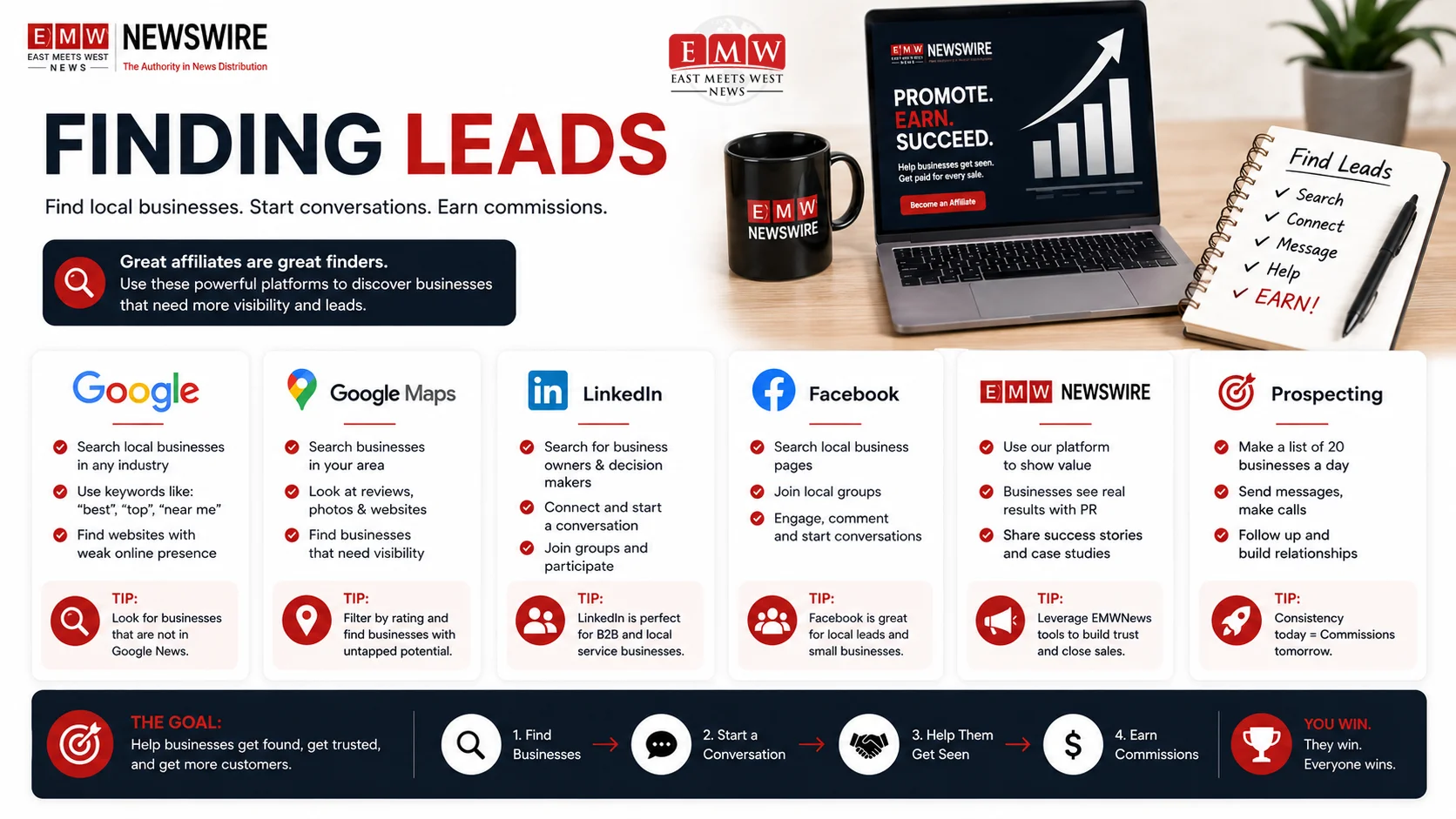 Affiliate using Google, LinkedIn, Facebook, and Google Maps to find new business prospects for EMWNews.