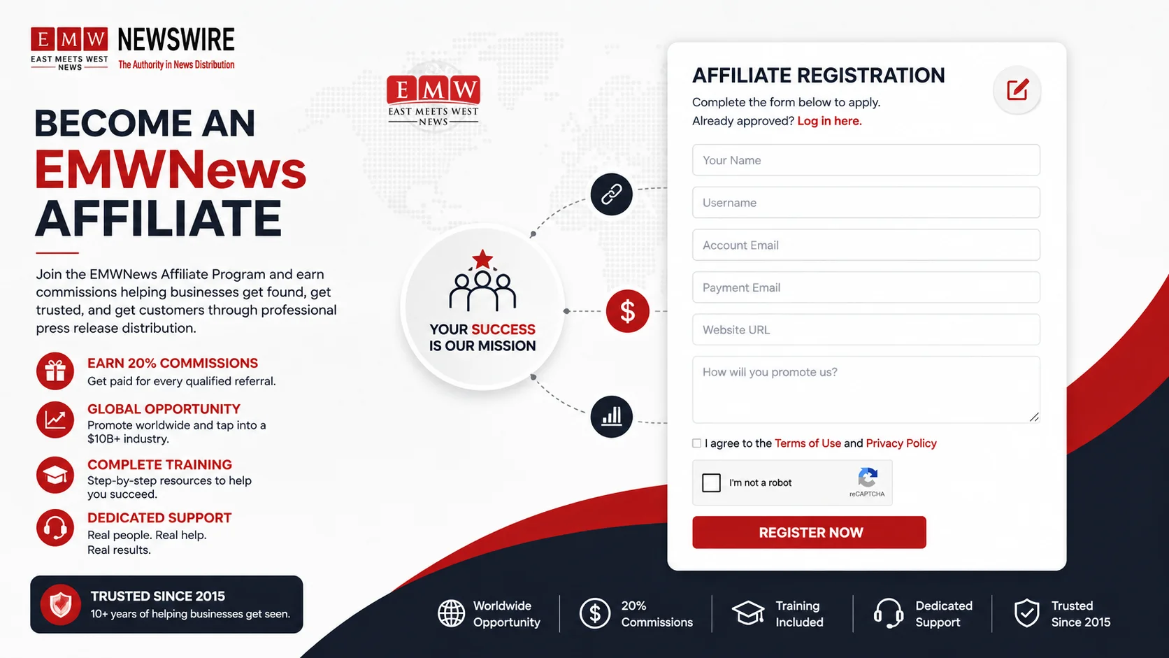 The EMWNews affiliate registration page where new partners sign up to start earning commissions.