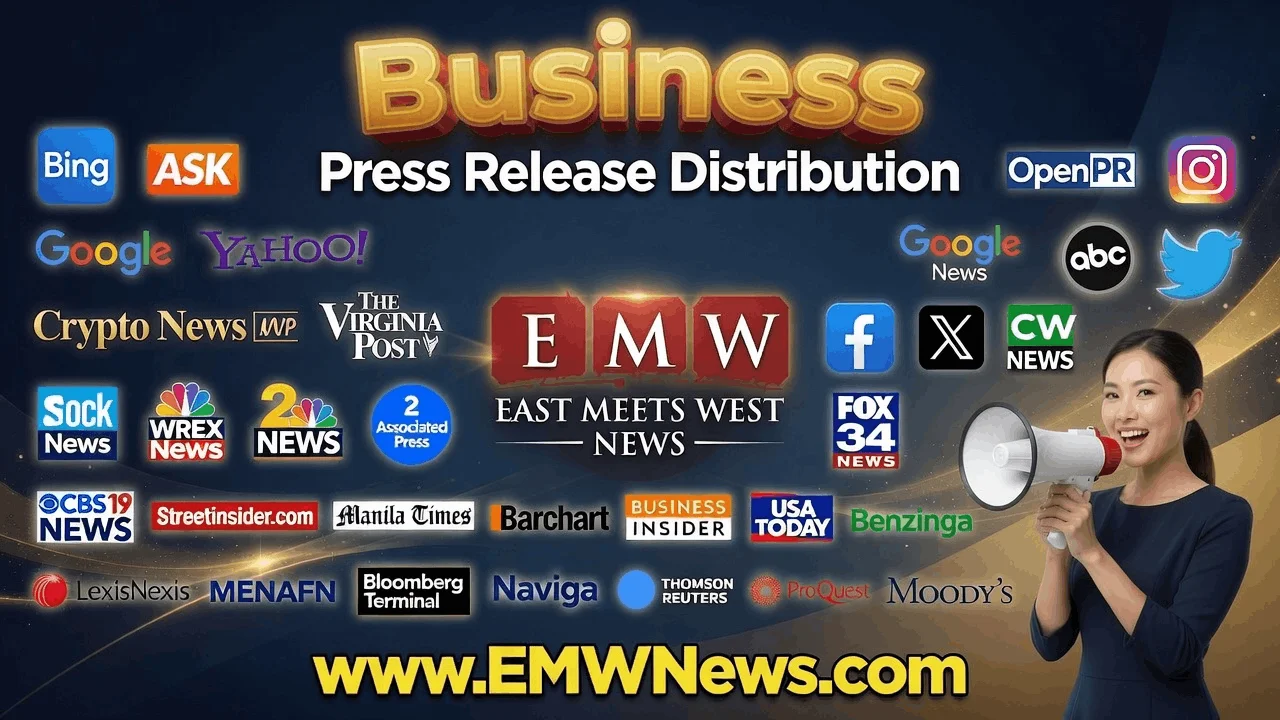 Business press release distribution package by EMW News featuring premium distribution to leading media outlets, with logos from Business Insider, USA Today, Benzinga, Bloomberg Terminal, Thomson Reuters, Moody's, LexisNexis, Associated Press, Bing, Google News, Yahoo, Crypto News, CW News, and many more top-tier media and financial platforms.