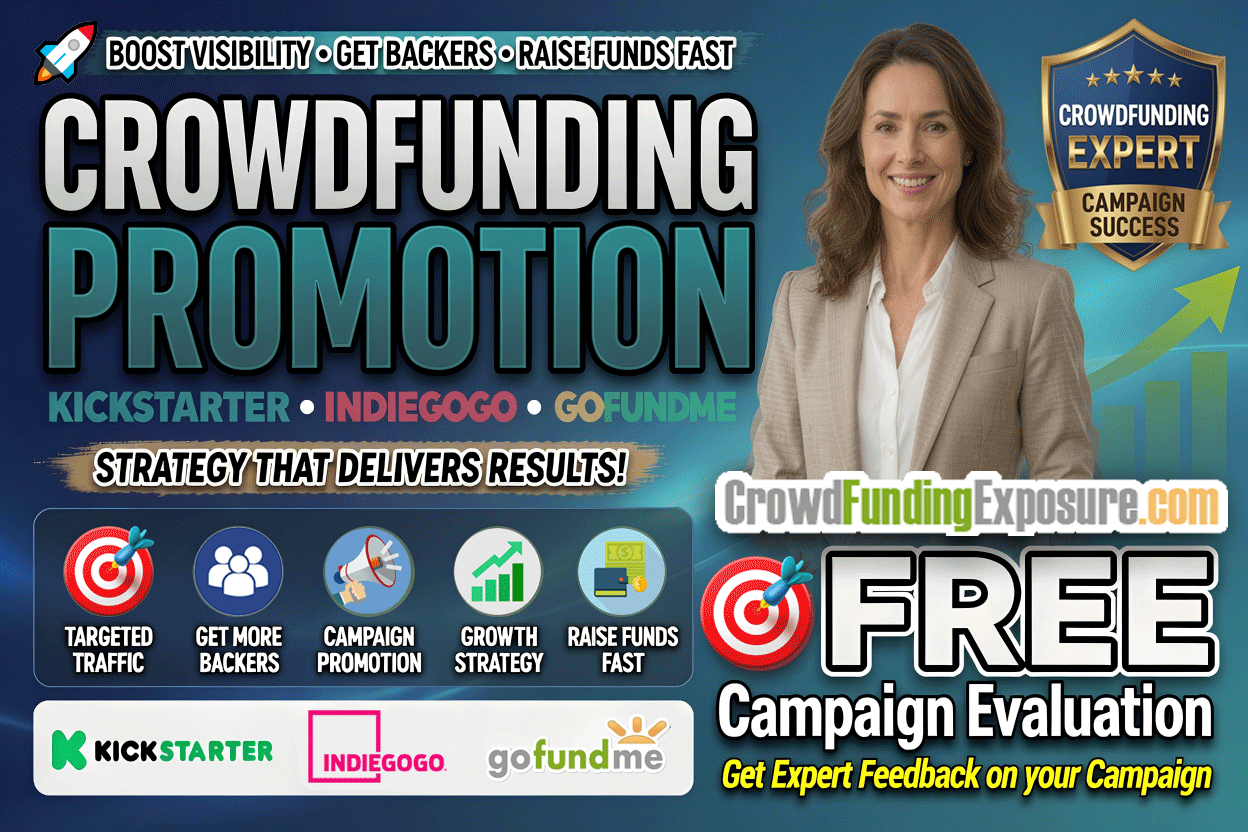 Crowdfunding promotion illustration showing backers, donors, and campaign success metrics for GoFundMe, Kickstarter, and Indiegogo campaigns