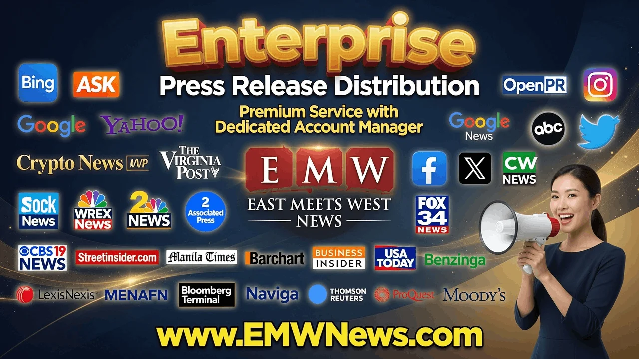 Enterprise press release distribution package by EMW News offering premium service with a dedicated account manager, featuring logos from Business Insider, Bloomberg Terminal, Thomson Reuters, Moody's, USA Today, Benzinga, Associated Press, Bing, Google News, Yahoo, Crypto News, CW News, and dozens of leading media and financial outlets worldwide.