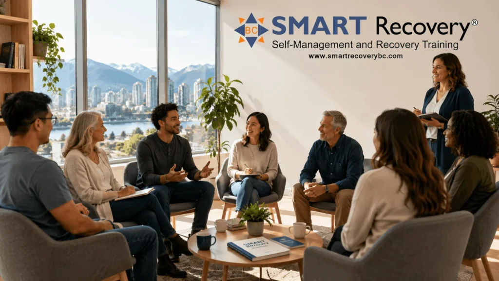 Illustration representing free, evidence-based addiction recovery resources and support available through SMART Recovery BC.
