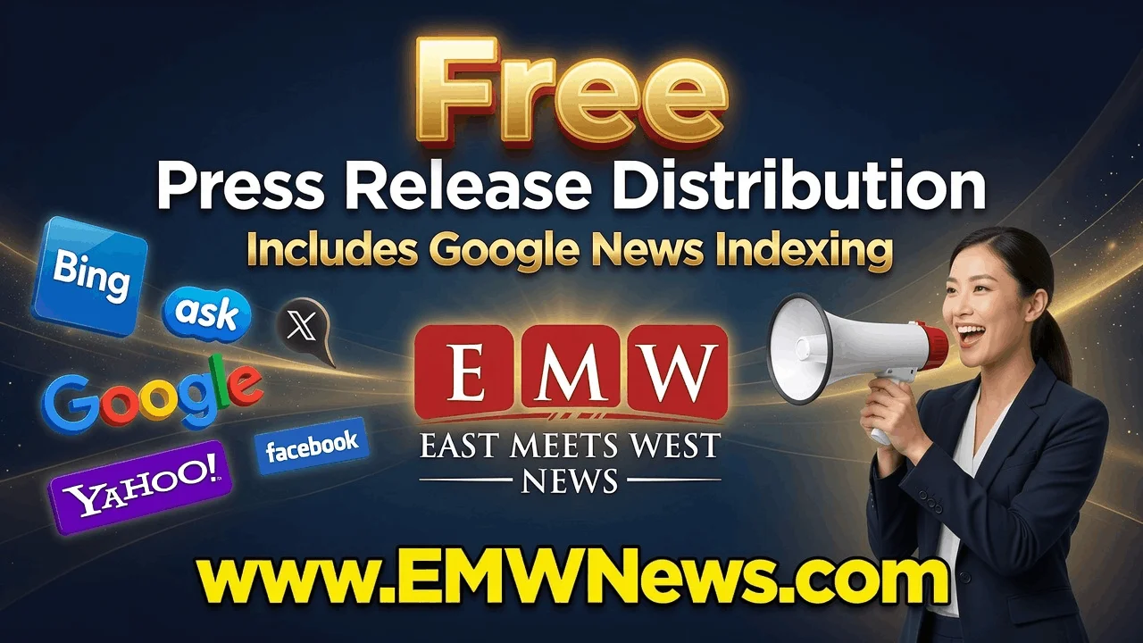 Free press release distribution from EMW News featuring Bing, Google, Yahoo, X, and Facebook logos with a woman holding a megaphone promoting automatic Google News indexing.