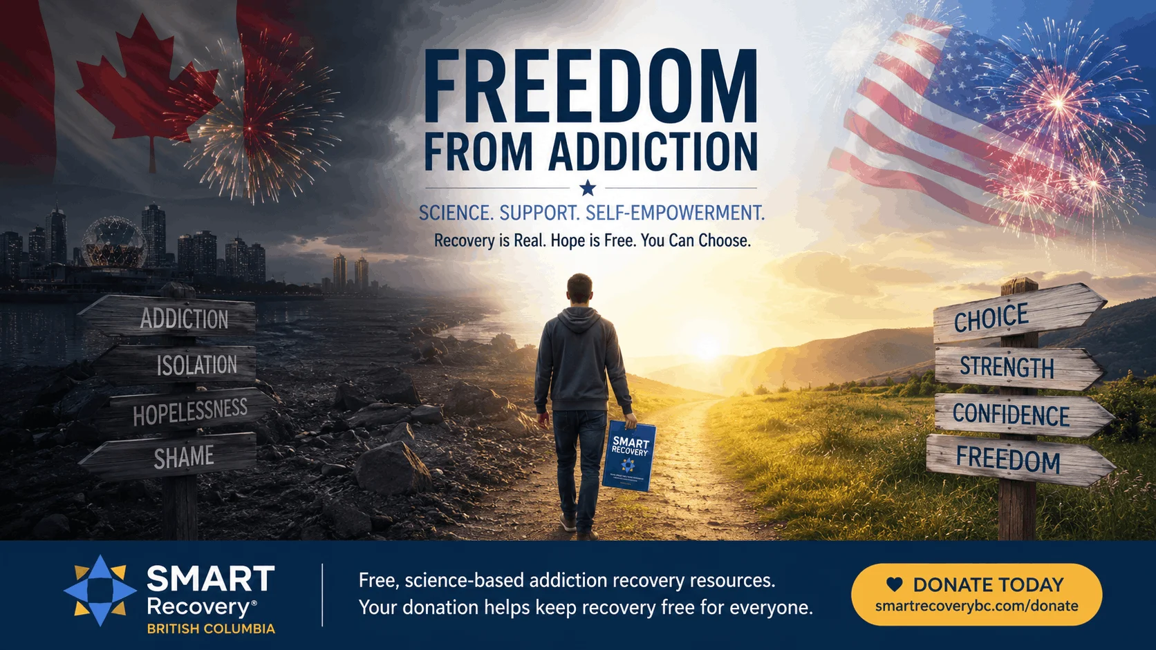 Symbolic image of a person walking toward hope and freedom, representing addiction recovery and SMART Recovery BC's free, science-based support programs.