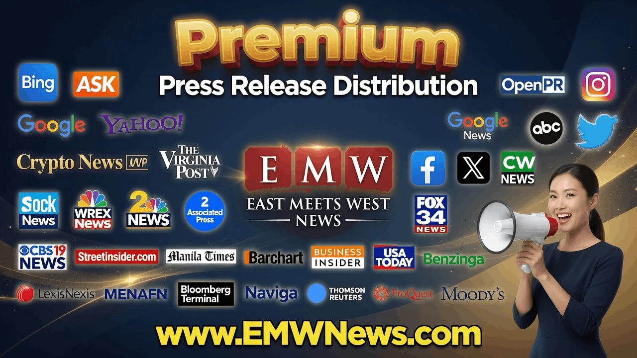 Premium press release distribution package by EMW News offering top-tier distribution to USA Today, TV & Radio, with logos from Business Insider, Bloomberg Terminal, Thomson Reuters, Moody's, Associated Press, Benzinga, LexisNexis, Bing, Google News, Yahoo, Crypto News, CW News, and dozens of leading media and financial outlets.