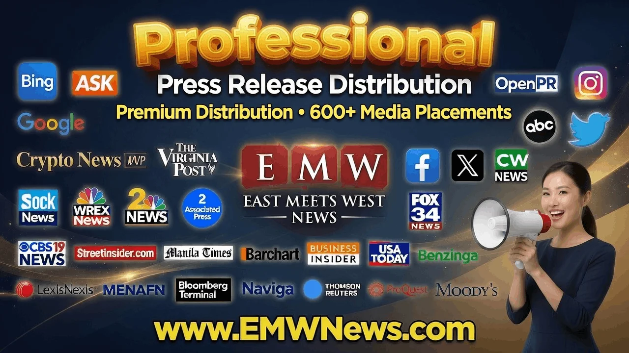 Professional press release distribution package by EMW News with 600+ media placements, featuring logos from Bing, Google, Google News, Yahoo, ASK, OpenPR, Crypto News, CW News, Stock News, Associated Press, NBC 13 WREX, 2 News Nevada, FOX 34 News, CBS 19, Streetinsider, Manila Times, Barchart, X, and Facebook.