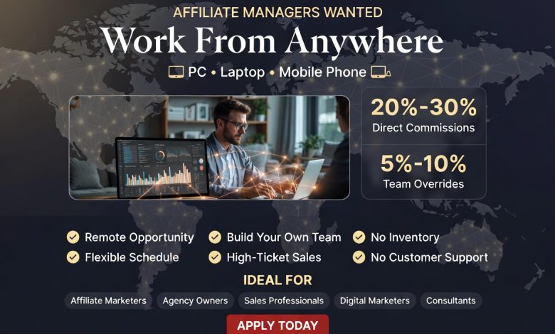Remote affiliate manager jobs at EMWNews showing a professional working from a laptop with analytics dashboard, highlighting 20-30% direct commissions, 5-10% team overrides, and benefits including flexible schedule, remote work, and no inventory.