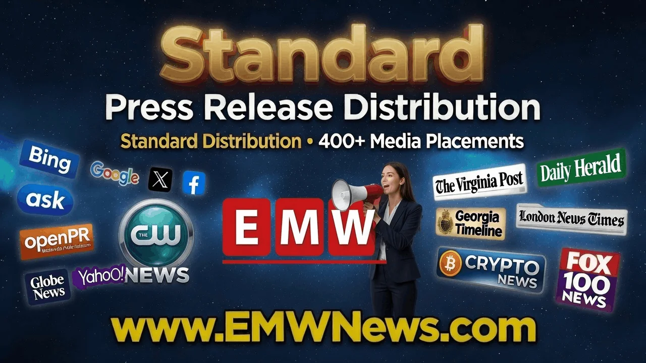 Standard press release distribution service by EMW News with 400+ media placements, featuring logos from Bing, Google News, CW News, NBC Radio, Yahoo, openPR, Daily Herald, The Virginia Post, and more, including Google News indexing support.
