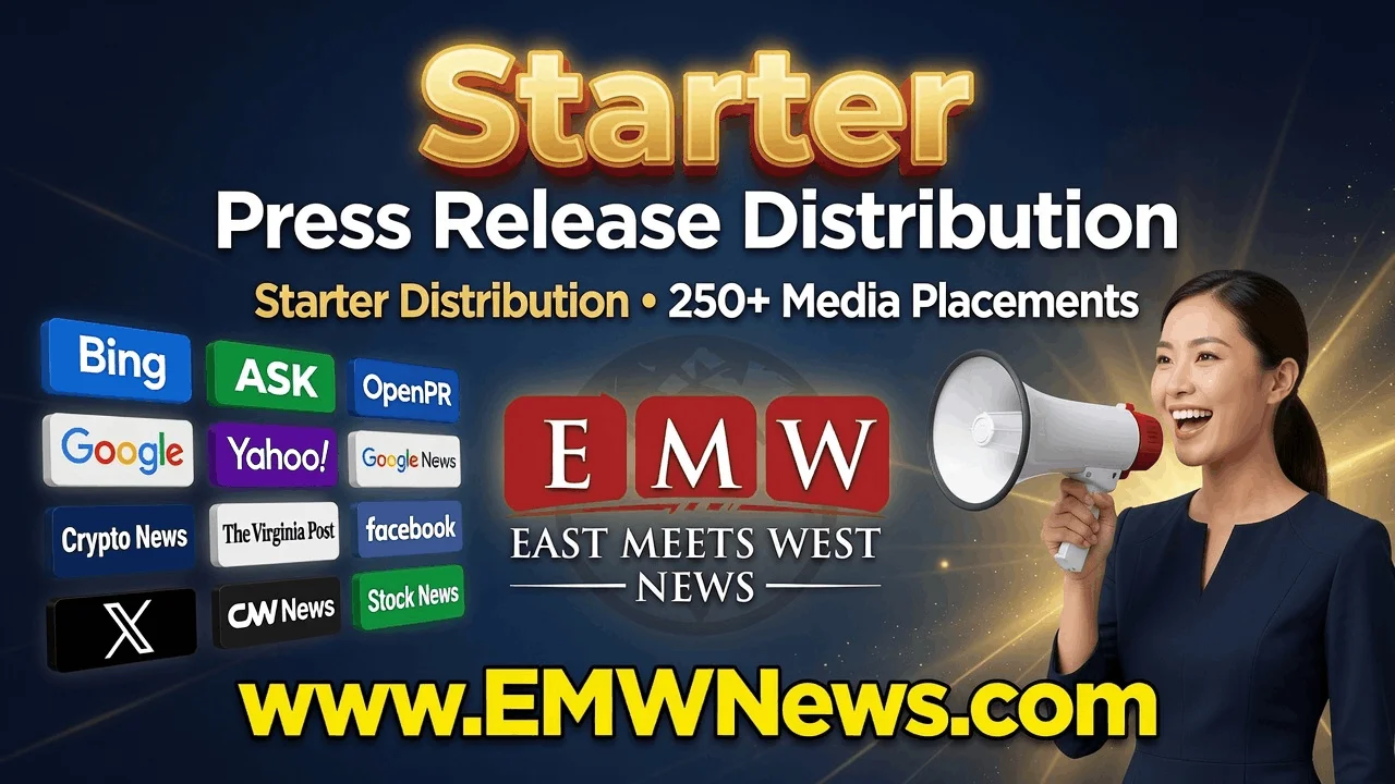 Starter press release distribution package by EMW News featuring 250+ media placements, with logos from Bing, Google, Google News, Yahoo, ASK, OpenPR, Crypto News, CW News, Stock News, X, Facebook, and The Virginia Post.