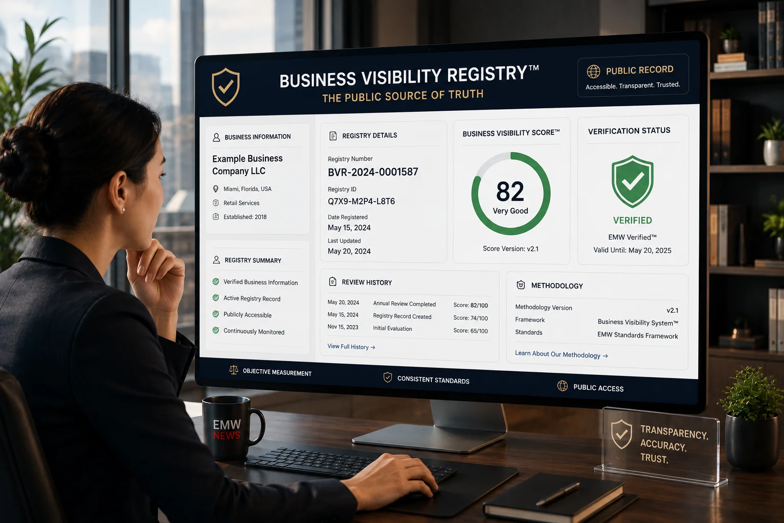 Professional reviewing an official Business Visibility Registry™ record displaying Registry ID, Business Visibility Score™, verification status, review history, methodology version, and publicly accessible business information.