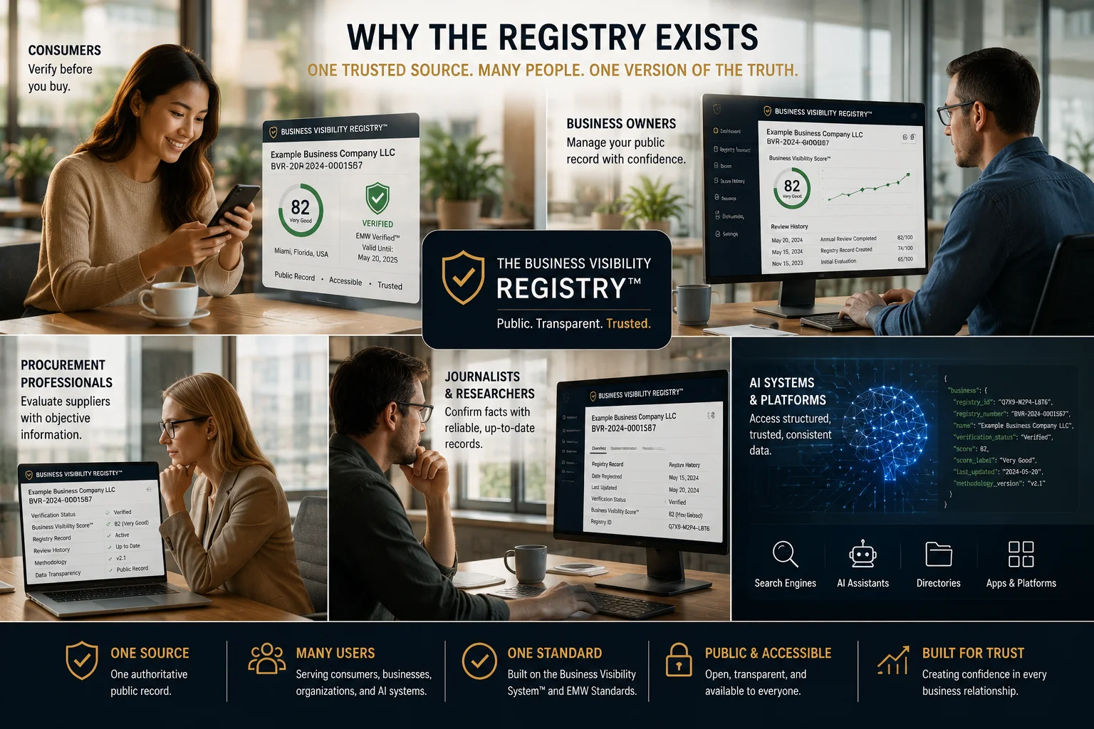 Consumers, business owners, procurement professionals, journalists, and AI systems using the Business Visibility Registry™ to verify trusted public business information.