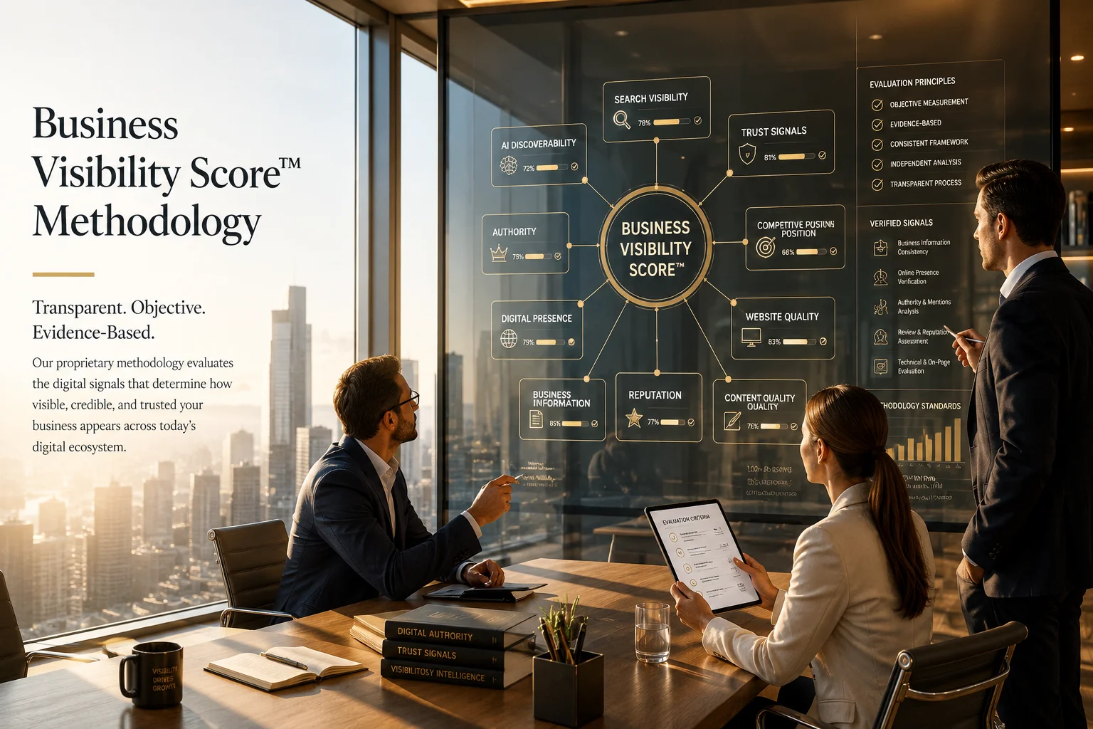 Business Visibility Score™ Methodology illustration showing the measurement framework