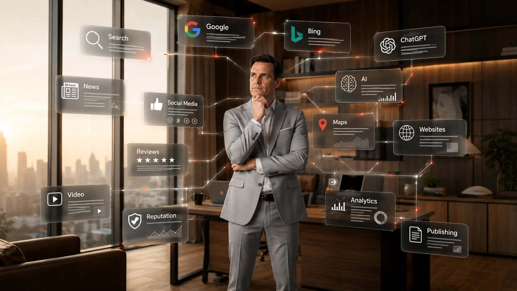 Fragmented business visibility landscape showing search, AI, news, reputation, content and trust as disconnected elements