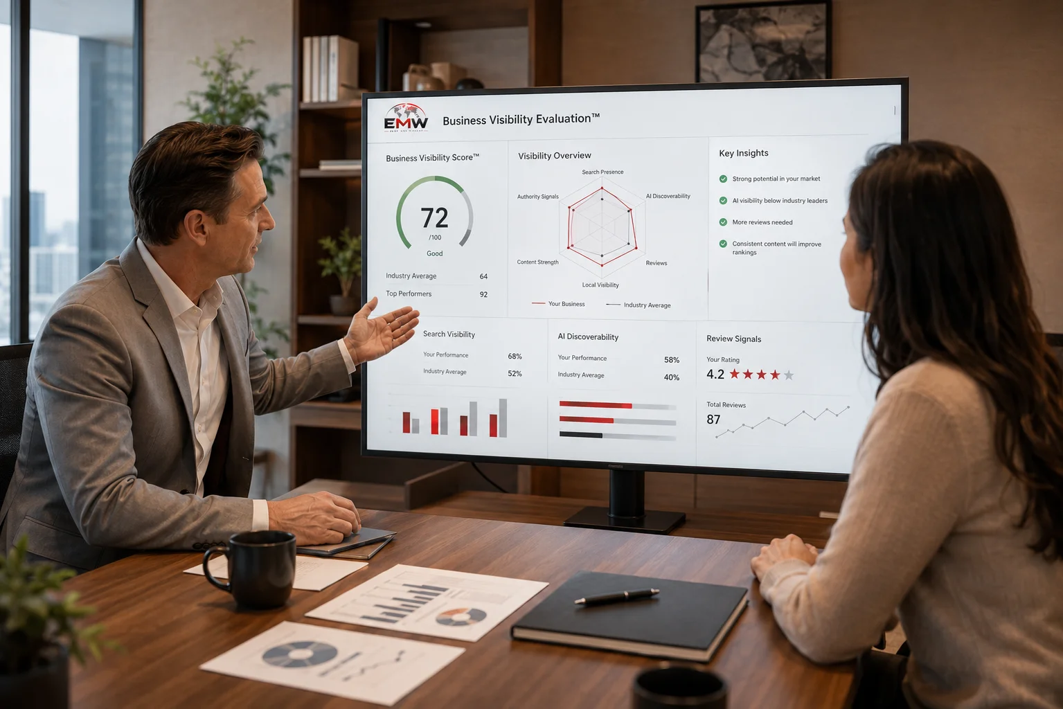 Business Visibility Score dashboard showing objective measurement and evaluation criteria