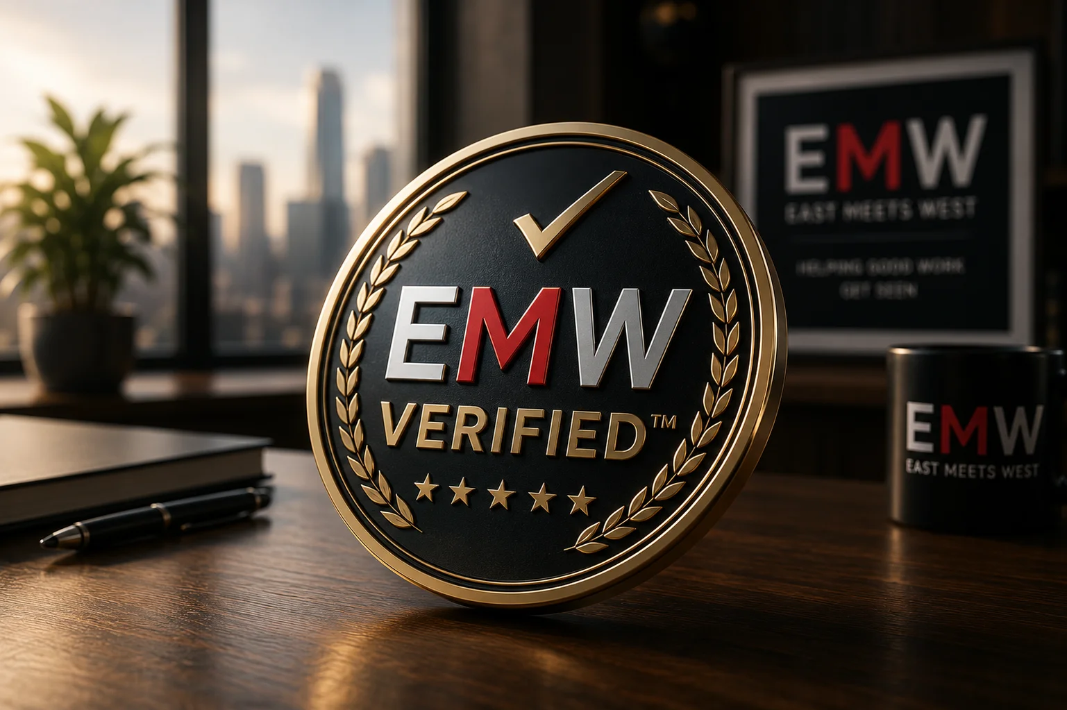 Premium EMW Verified™ Business Visibility trust seal representing objective verification of digital visibility, discoverability, transparency, and measurable business standards.