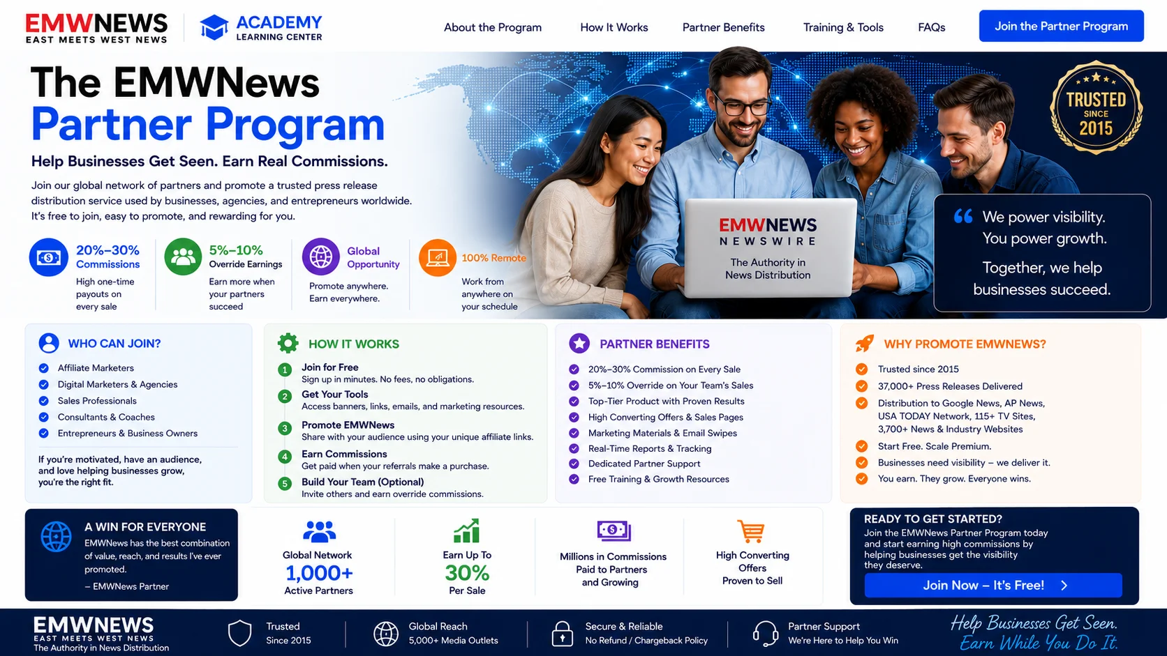 Start Here page for the EMWNews Partner Program featuring free business marketing training, learning paths, and affiliate opportunities for beginners.