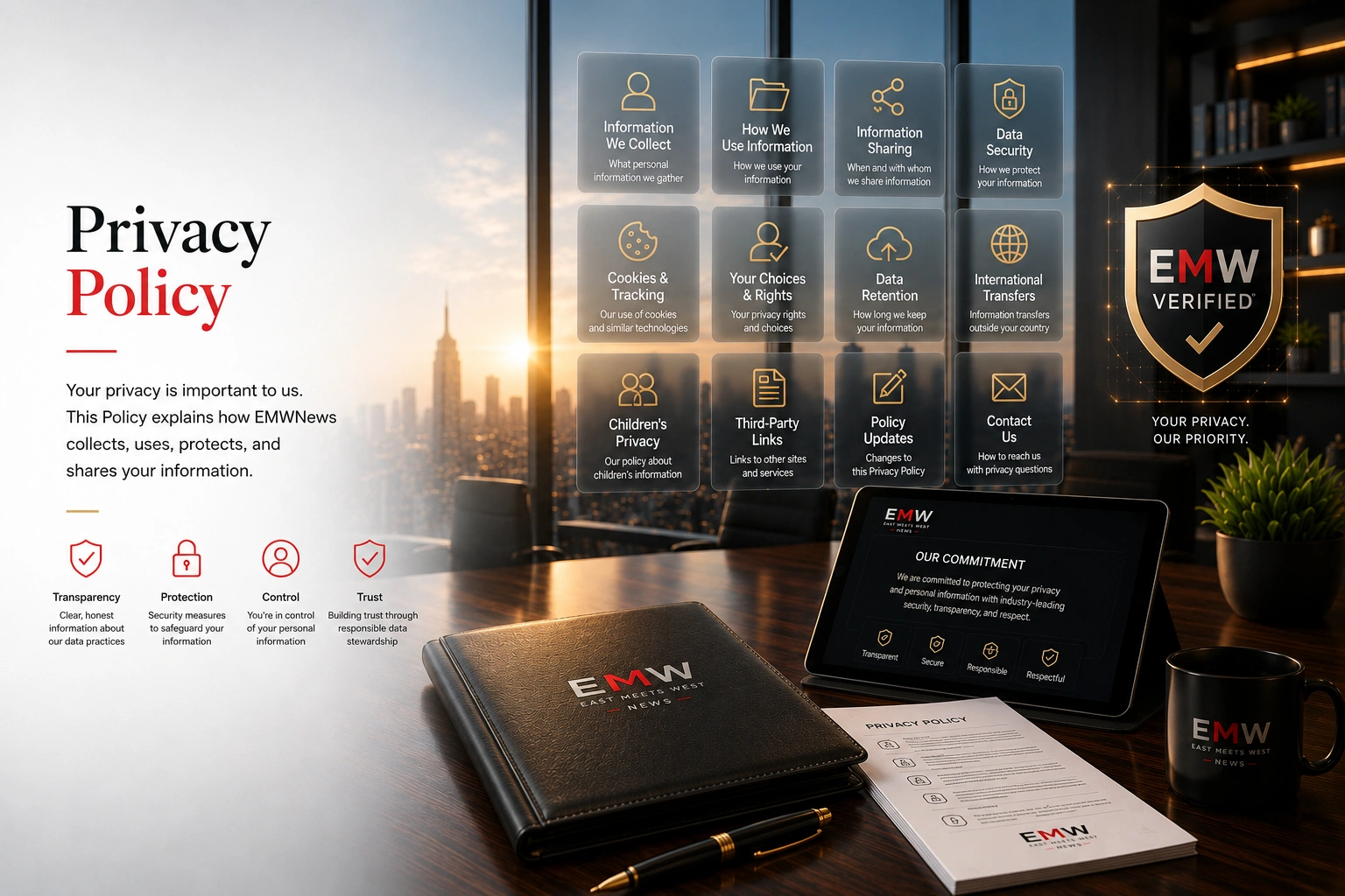 EMWNews Privacy Policy featured image illustrating business data protection, information security, privacy rights, cookies, compliance, and EMW Verified™ privacy standards.