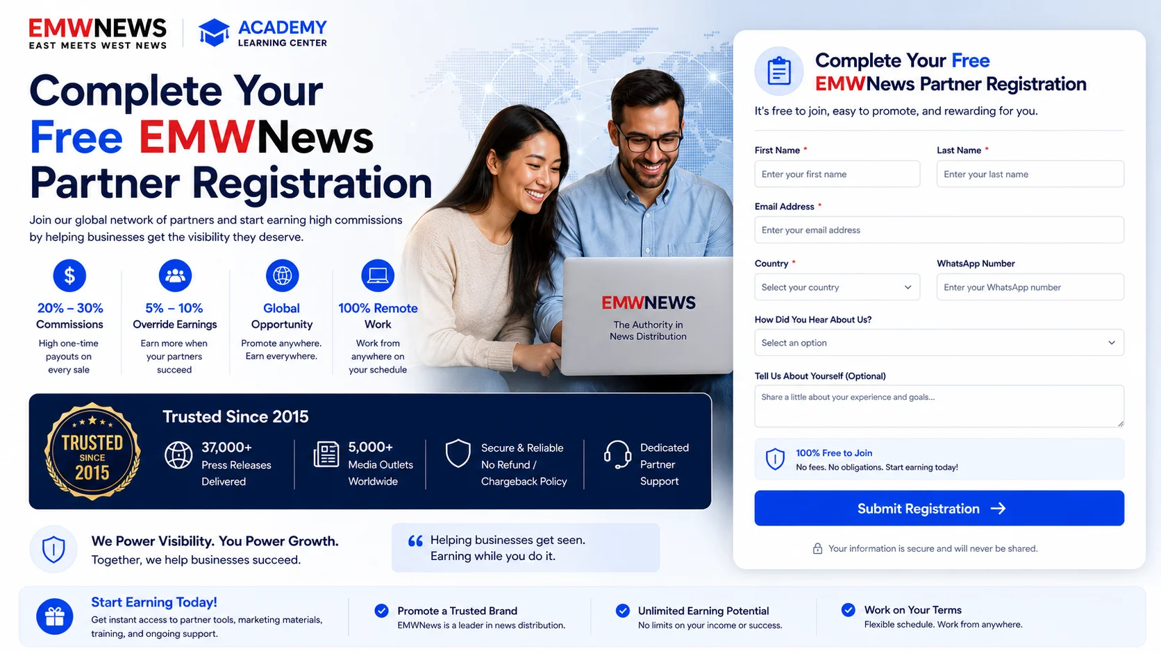 Start Here page for the EMWNews Partner Program featuring free business marketing training, learning paths, and affiliate opportunities for beginners.