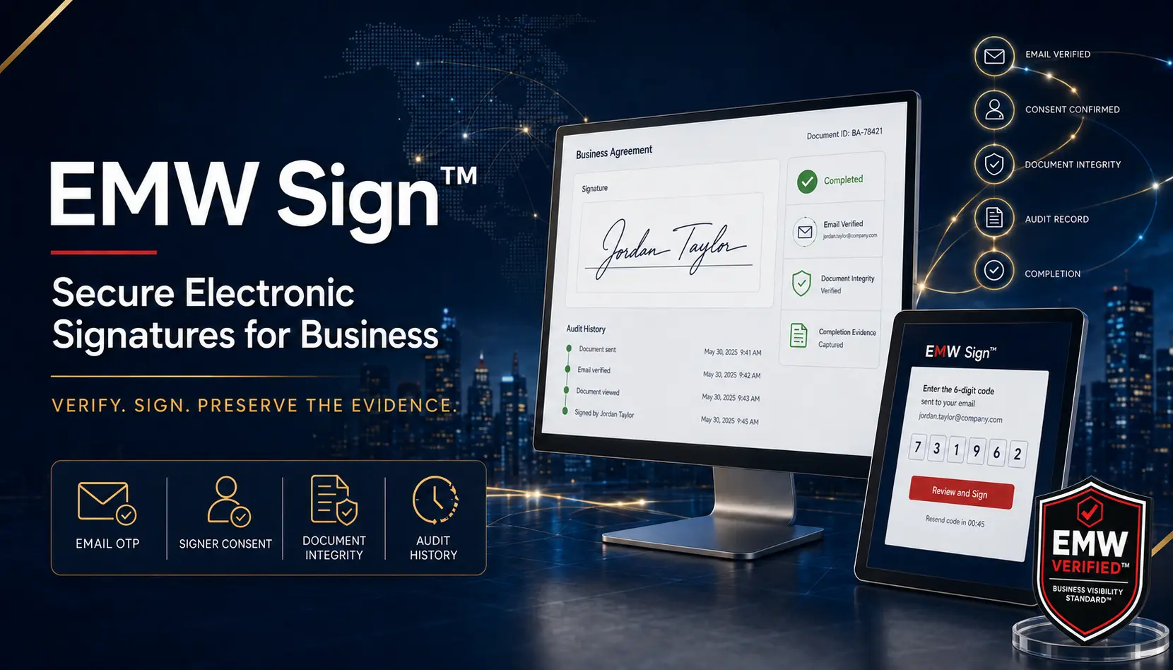 EMW Sign secure electronic signatures for business with email verification, signer consent, document integrity, and audit history