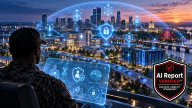 Military veteran monitors AI public safety, health-data protection, and cybersecurity across a connected smart health city.